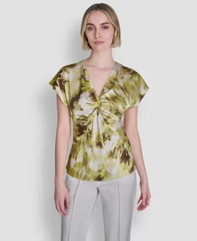 Dkny Women's Printed Woven Short-sleeve V-neck Blouse In Green