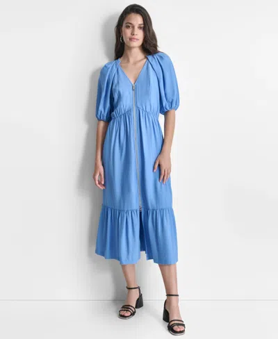 Dkny Puff Sleeve Midi Dress In Blue Bell