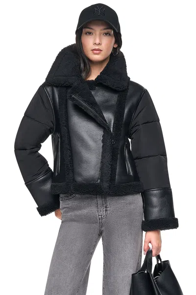 Dkny Puff-sleeve Faux Shearling Jacket In Black