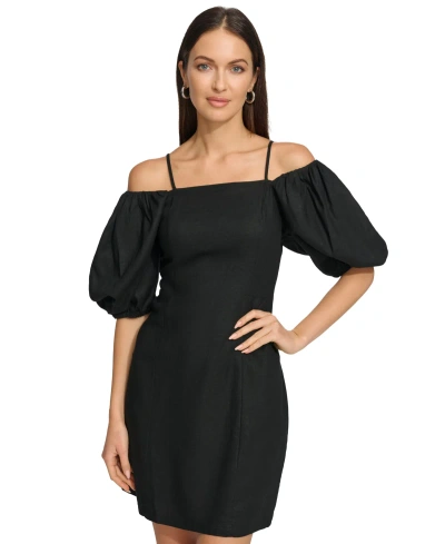 Dkny Women's Puff-sleeve Linen-blend Dress In Black