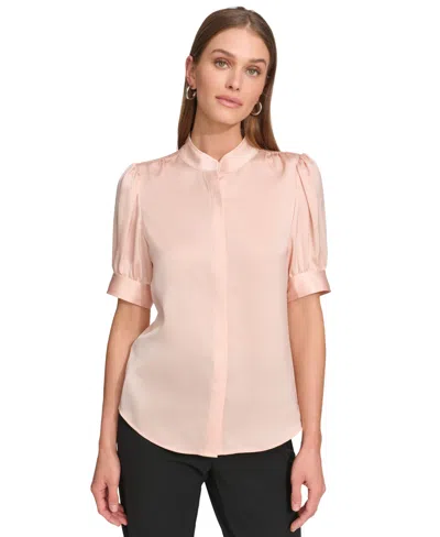 Dkny Women's Puff-sleeve Mandarin-collar Covered-placket Blouse In Pale Blush