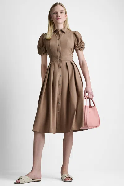 Dkny Women's Puff Sleeve Pleated Midi Shirt Dress In Brown