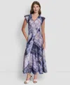 Dkny Women's Puff-sleeve Printed Satin Bias Cut Dress In Blue