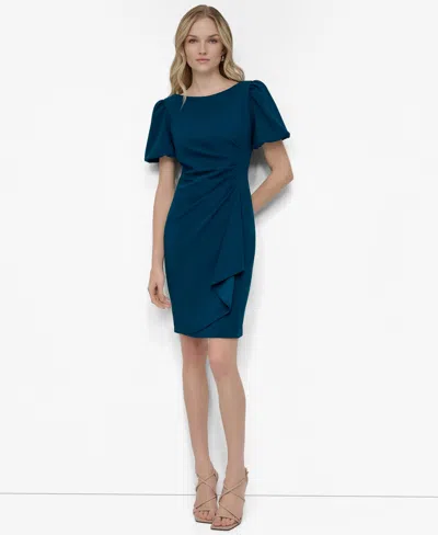 Dkny Women's Puff-sleeve Side-ruched Sheath Dress In Blue