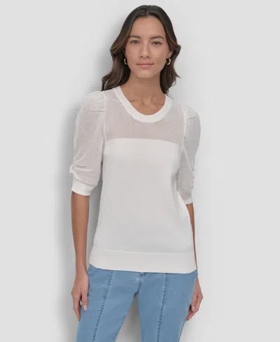 Dkny Women's Mesh Puff-sleeve Sweater In Ivory