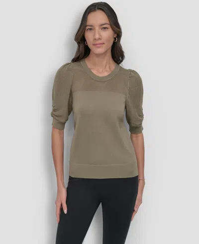 Dkny Women's Mesh Puff-sleeve Sweater In Utility Green