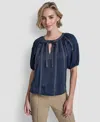 Dkny Women's Puff-sleeve Top Stitch Tie Front Blouse In Blue