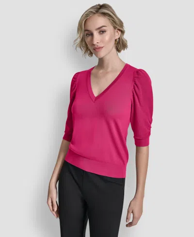 Dkny Puff Sleeve V-neck Sweater In Pink