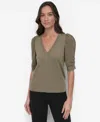 Dkny Puff Sleeve V-neck Sweater In Utility Gr