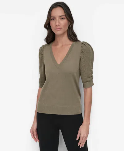 Dkny Puff Sleeve V-neck Jumper In Utility Gr