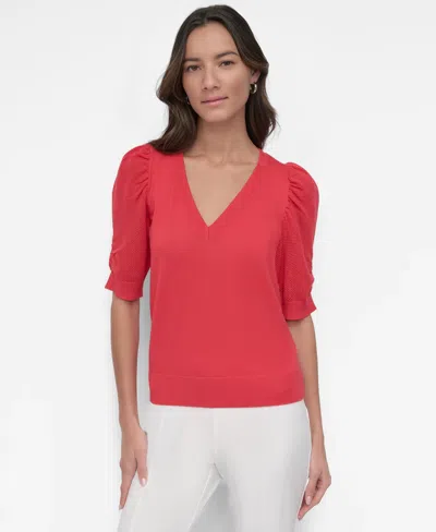 DKNY WOMEN'S PUFF-SLEEVE V-NECK SWEATER