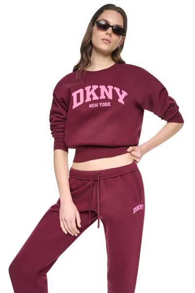 Dkny Women's Puff Varsity Logo Pullover In Burgundy