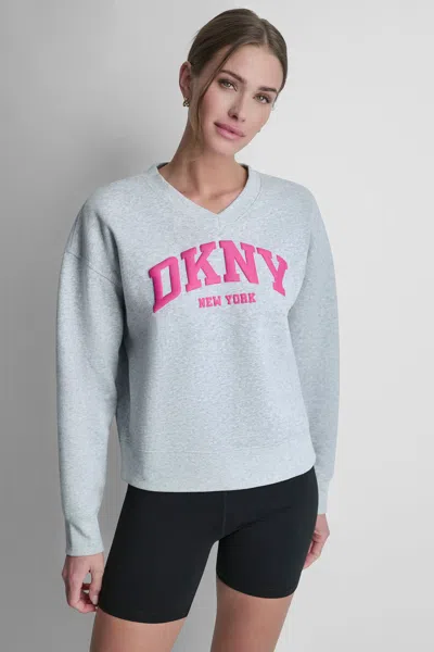 Dkny Women's Puff Varsity Logo V-neck Pullover In Multi