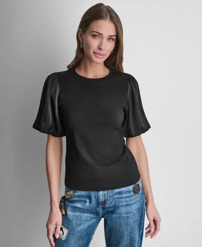 Dkny Women's Puffed Crewneck Mix Media Knit Top In Black