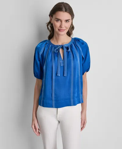 Dkny Women's Puff-sleeve Top Stitch Tie Front Blouse In Blue