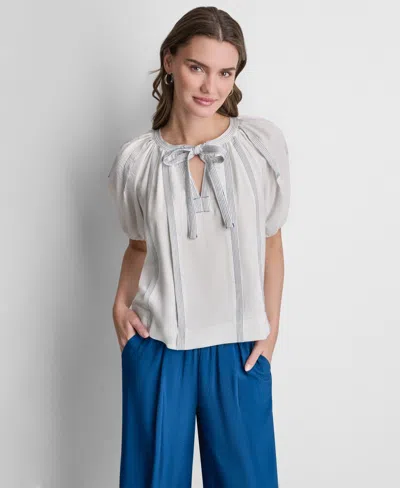 Dkny Women's Puff-sleeve Top Stitch Tie Front Blouse In White