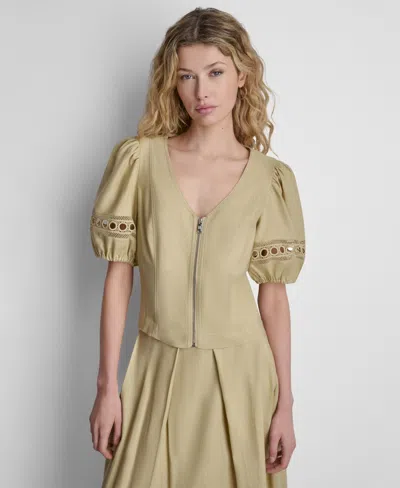 Dkny Women's Puff-sleeve Zip-up Blouse In Sand