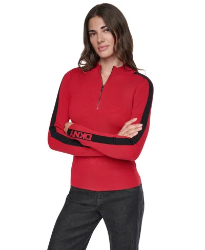 Dkny Women's Quarter-zip Mock Neck Sweater In Red
