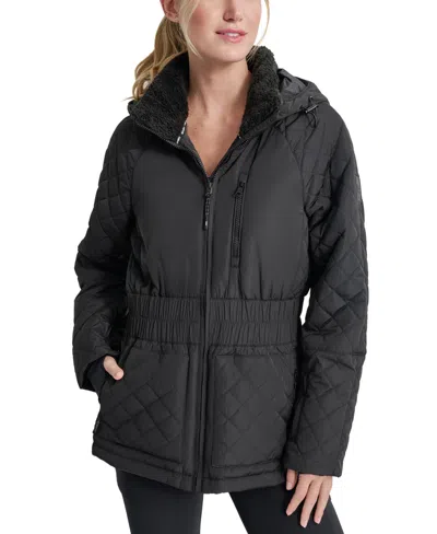 Dkny Women's Quilted Elastic-waist Hooded Zipper Jacket In Black