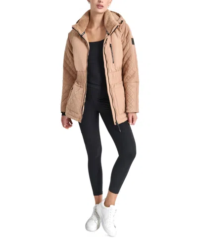 Dkny Women's Quilted Elastic-waist Hooded Zipper Jacket In Praline