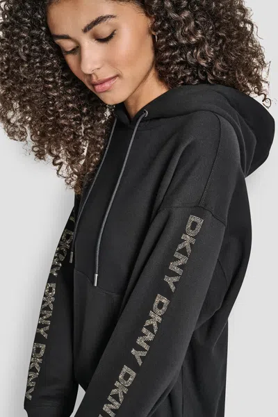 Dkny Women's Relaxed Rhinestone Sleeve Logo Hoodie In Black
