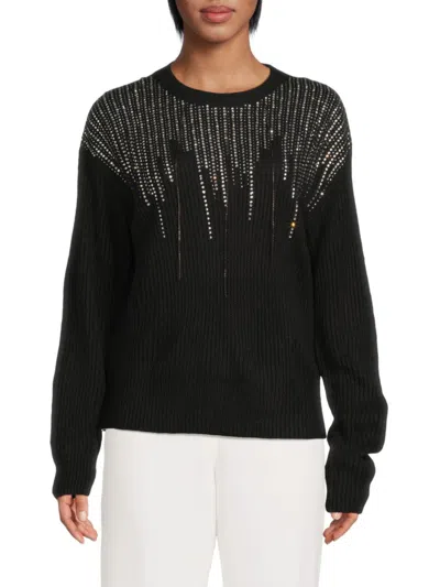 Dkny Women's Rhinestone-embellished Fringe Sweater In Black