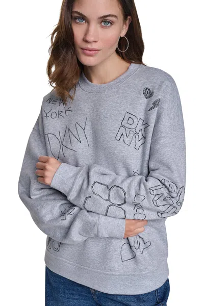 Dkny Women's Rhinestone Graffiti Logo Sweatshirt In Gray