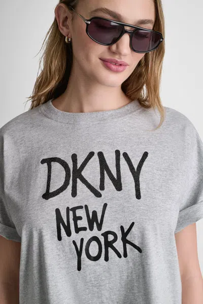 Dkny Women's Rhinestone Graffiti Logo T-shirt In Gray
