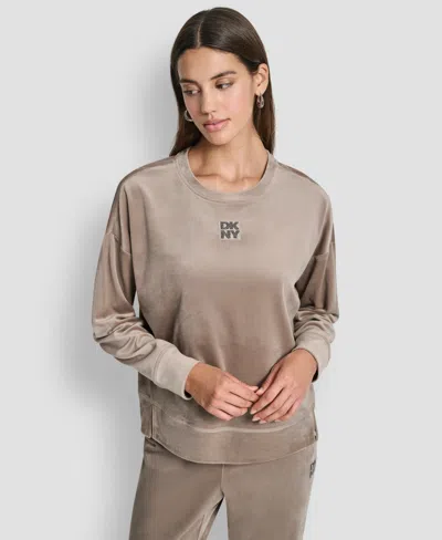 Dkny Women's Rhinestone Stacked Logo Crewneck Pullover In Brown