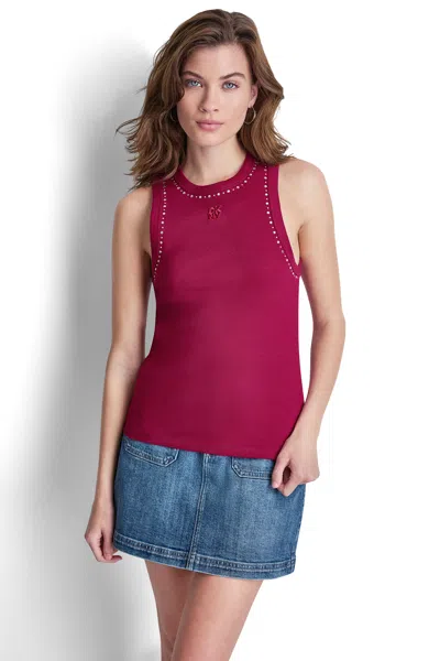 Dkny Women's Rhinestones And Dome Studs Rib Tank In Burgundy