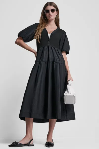 Dkny Women's Rib Henley Midi Dress With Puff Sleeves In Black