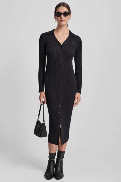 Dkny Women's Rib-knit Midi Polo Dress In Black