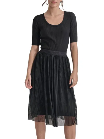 Dkny Women's Ribbed Knit Logo-waist Pleated Mesh Dress