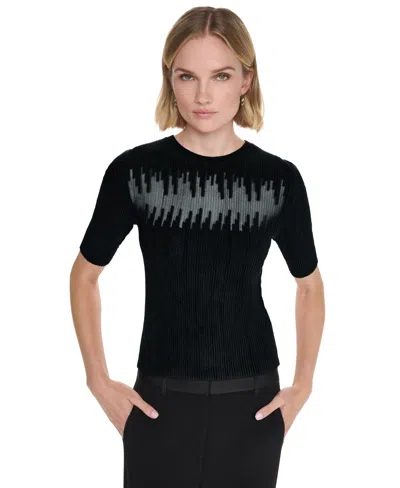 Dkny Women's Ribbed Knit Sheer-panel Short-sleeve Sweater In Black