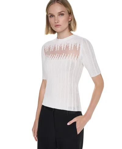 Dkny Women's Ribbed Knit Sheer-panel Short-sleeve Sweater In White