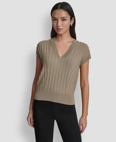Dkny Rib Short Sleeve Sweater In Brown