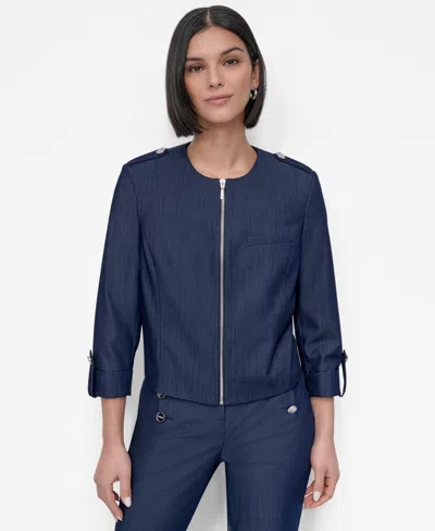 Dkny Women's Roll-tab-sleeve Zip-front Jacket In Denim
