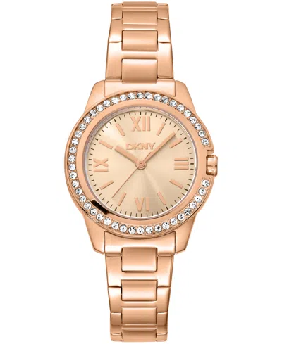 Dkny Women's Rose Gold Dial Crystal Bezel Red-gold Tone Stainless Steel Bracelet Watch, 30mm