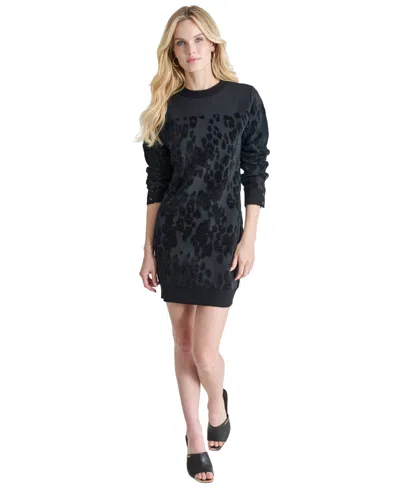 Dkny Women's Round-neck Long-sleeve Sweater Dress In Black Multi
