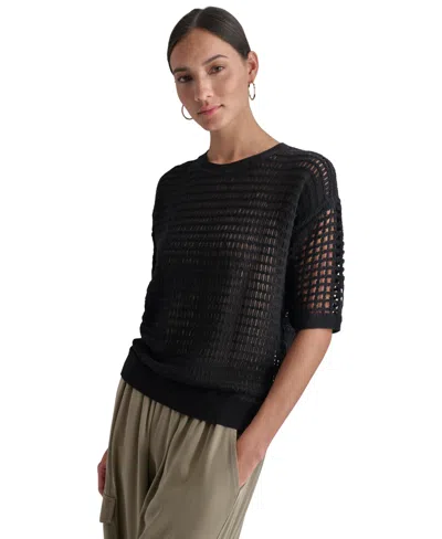 Dkny Women's Round-neck Short-sleeve Open-crochet Sweater In Black