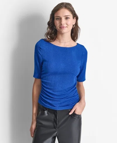 Dkny Women's Round-neck Short-sleeve Variegated-rib Top In Lapis Blu