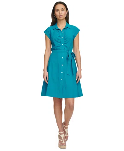 Dkny Women's Ruched A-line Shirtdress In Gulf Blue