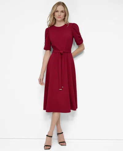 Dkny Women's Ruched-sleeve Midi Dress In Brown