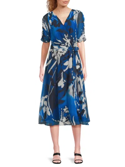 Dkny Women's Ruched-sleeve Printed Midi Dress In Indigo Multi