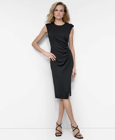 Dkny Women's Ruched Slit Sleeveless Knee-length Dress In Black