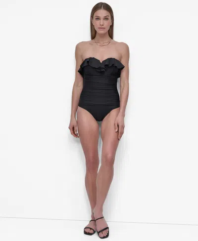 Dkny Women's Ruffle-bandeau-neck Tummy Control One Piece Swimsuit