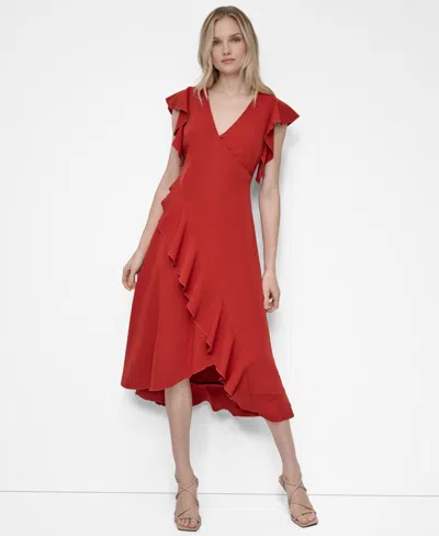 Dkny Women's Ruffle Sleeve V Neck Midi Dress In Animal Print