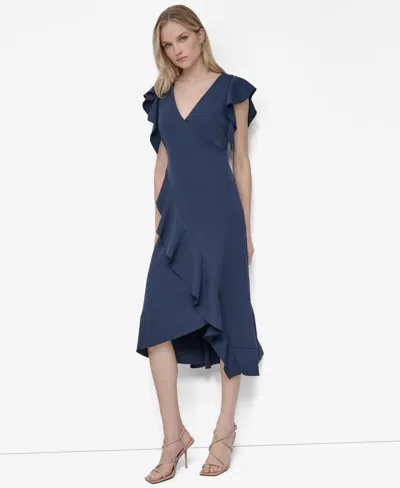 Dkny Plus Size V-neck Ruffle Sleeve Midi Dress In Blue