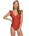 Dkny Women's One-piece Ruched Ruffle Trim Swimsuit In Sunset