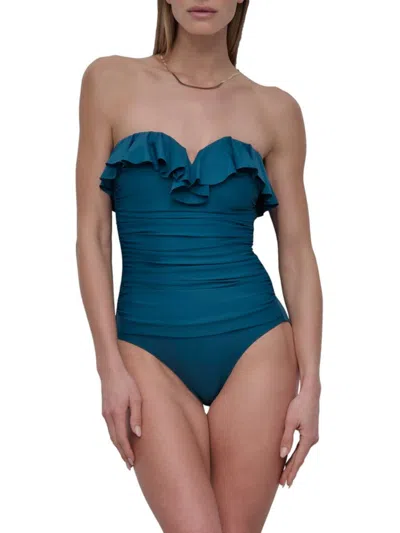DKNY WOMEN'S RUFFLED BANDEAU ONE-PIECE SWIMSUIT